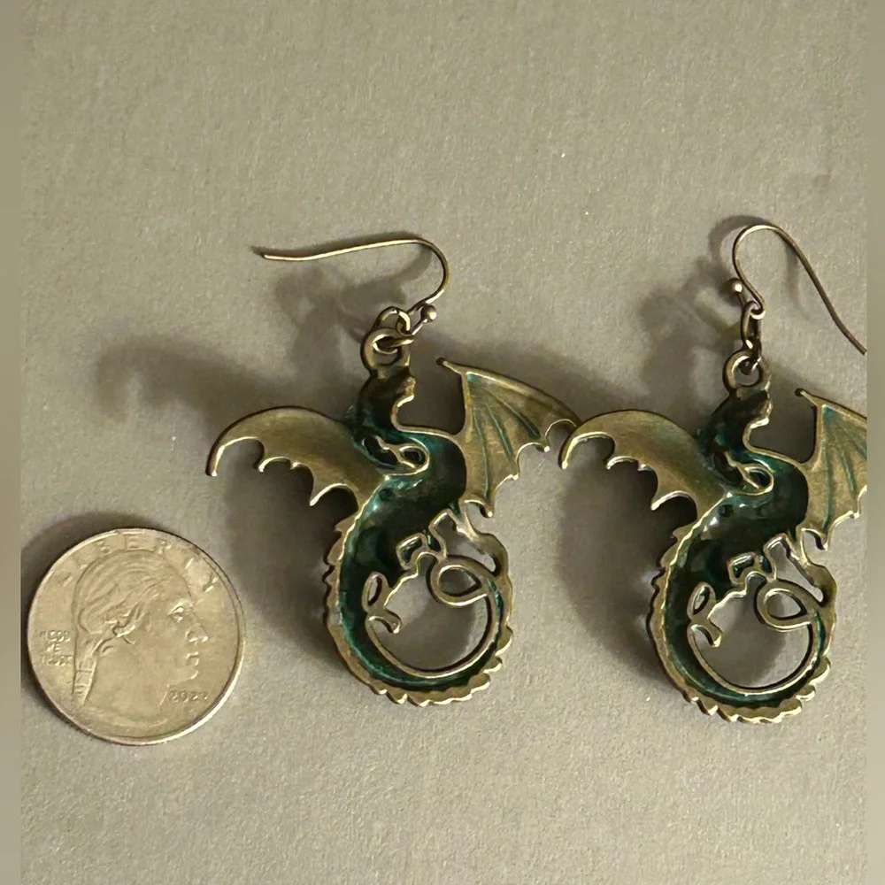 Earrings Gothic flying Dragons in Brass w Green Verdigris finish pierced, drop